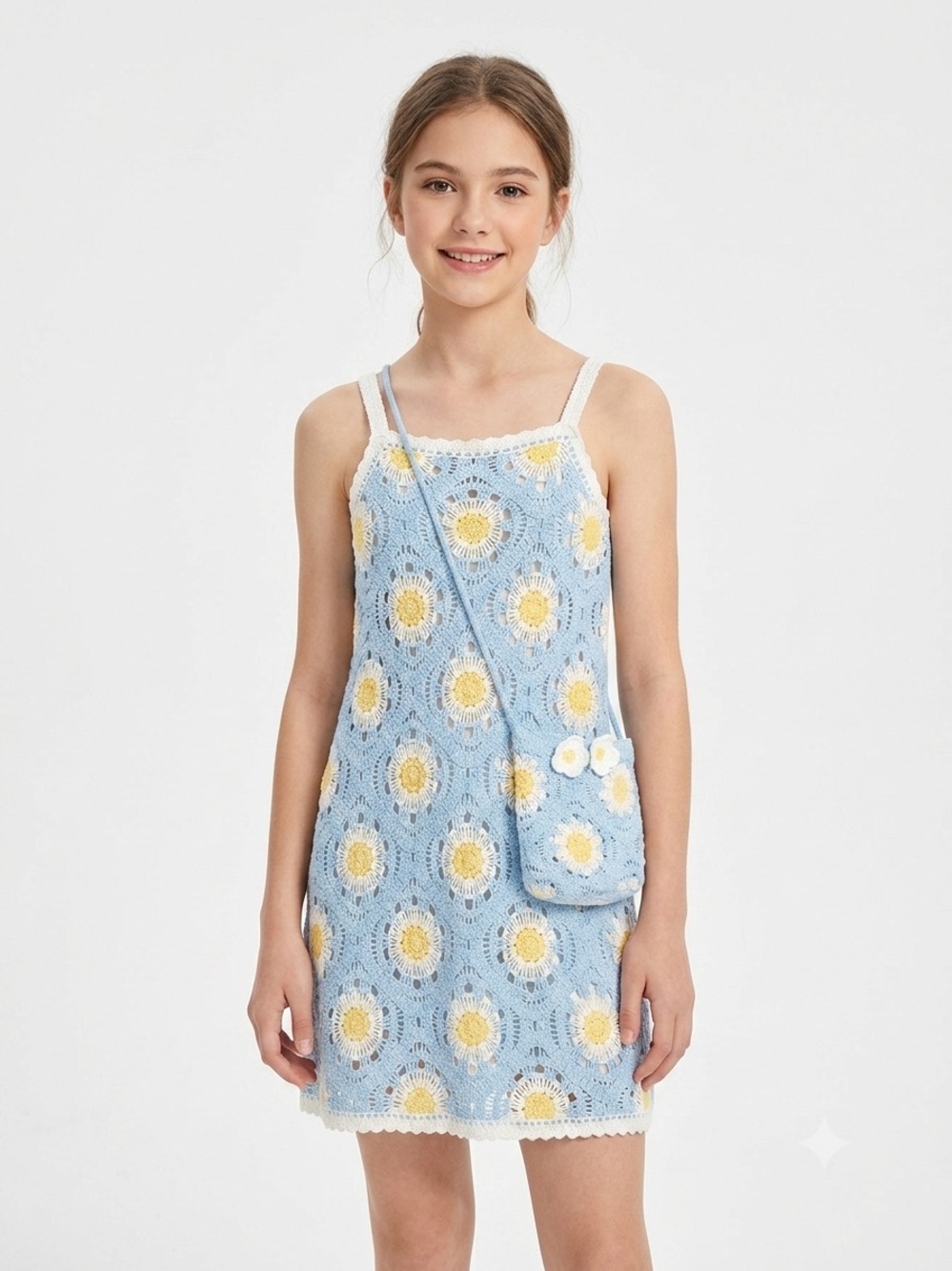 Haute Hippie Kids Style Blue Crochet Daisy Dress w Matching Purse Kids Size 6